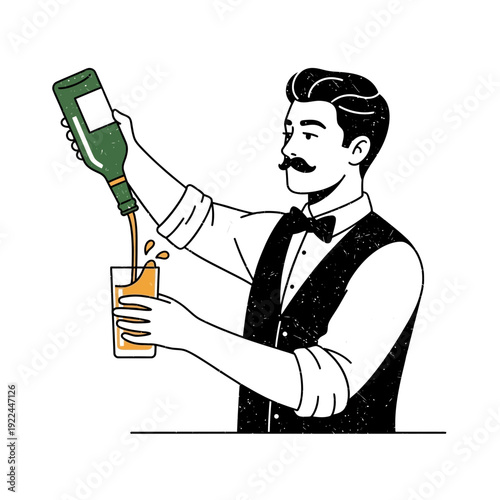 Bartender pouring drink into glass, vintage style illustration