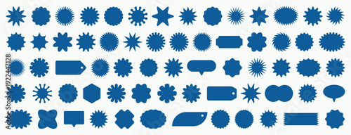 Collection of badge, burst, and label shapes in flat blue style. Decorative starburst and tag elements for stickers, promotions, pricing labels, branding, and infographic design.