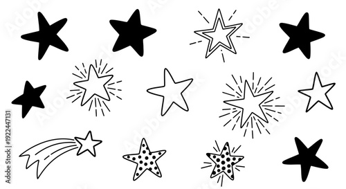 A collection of hand-drawn star illustrations in various styles, including solid black, outlined, and sparkling.