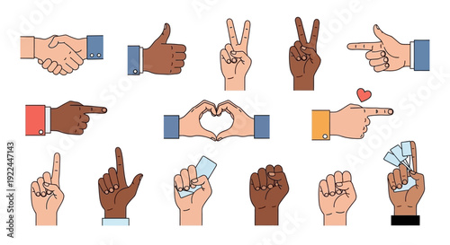 Collection of diverse hands performing various gestures and actions, including greetings, pointing, and expressing emotions.