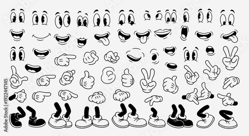 A large collection of cartoon eyes, mouths, hands, and legs for creating characters.