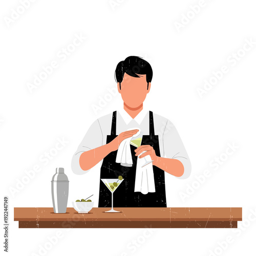 Bartender preparing cocktail with olives on bar counter with shaker