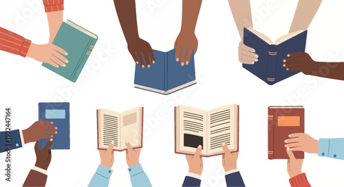 Diverse hands holding and reading various books, symbolizing education, knowledge, and community.