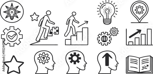 Set of diverse icons representing ideas, innovation, and learning isolated on transparent background