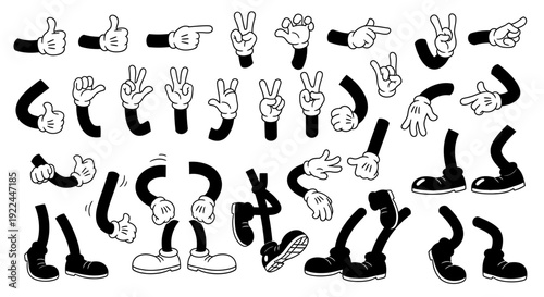 A collection of cartoon hands, arms, and legs in various poses and gestures, suitable for animation or illustration.