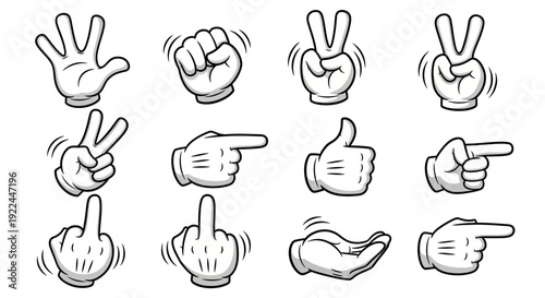 A collection of cartoon-style white gloved hands displaying various gestures and symbols.