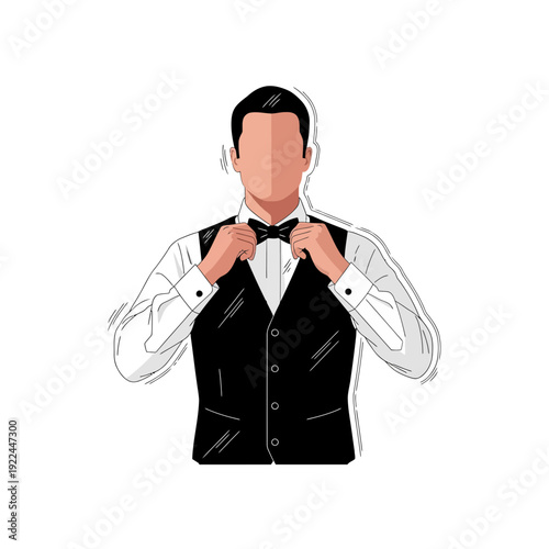 Man adjusting bow tie, formal wear, elegant style, special occasion, smart casual