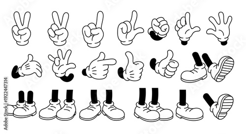 A collection of cartoon hands and feet in various poses, rendered in a classic animation style.