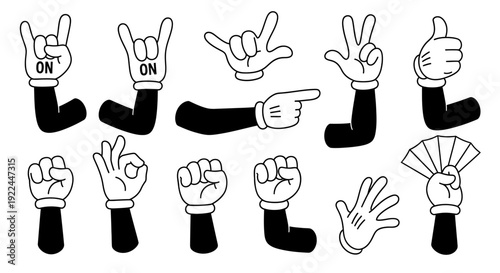 Collection of cartoon hands making various gestures and signs, including thumbs up, rock on, and pointing.