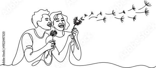 Single one line drawing young couple hold dandelions and blowing them. Joking around at dusk. Playing to pass the time on weekends. National Dandelion Day. one line Icon drawing