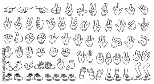Collection of cartoon hand gestures, footwear, and leg illustrations in black and white.