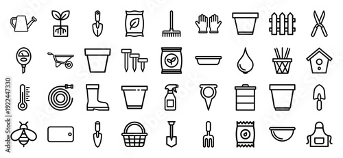 Gardening and landscaping maintenance equipment icons. Professional monoline pictograms for horticulture, plant cultivation, and backyard farming utility.