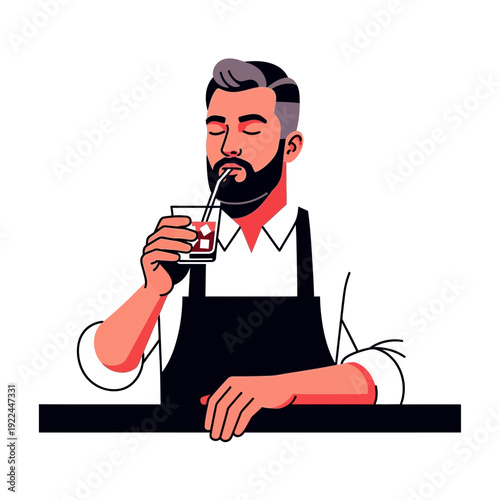 Man drinking cocktail with eyes closed, wearing apron