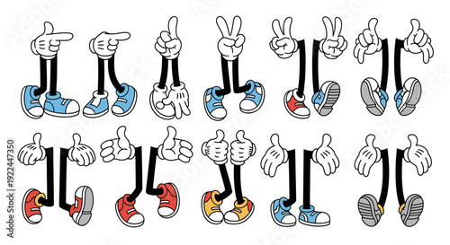 Collection of cartoon hands and legs in various poses, illustrating different gestures and actions with a retro animation style.