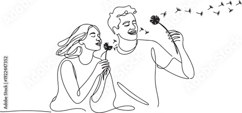 Single one line drawing young couple hold dandelions and blowing them. Joking around at dusk. Playing to pass the time on weekends. National Dandelion Day. one line Icon drawing