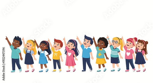 A diverse group of happy children of various ethnicities and genders pointing upwards with their index fingers, suggesting curiosity or excitement.