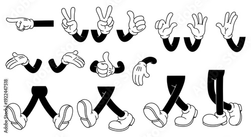 Collection of vintage cartoon hands and legs in various poses, illustrating classic animation character elements.