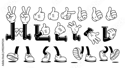 A collection of cartoon hands and feet with black pipe-like limbs, showing various gestures and poses.