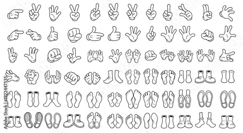 Collection of hand gestures, feet, and footwear illustrations in a cartoonish outline style.