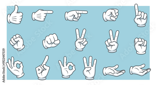 A collection of cartoon hands in various gestures, including thumbs up, pointing, fist, peace sign, okay sign, and open palms, set against a light blue background.