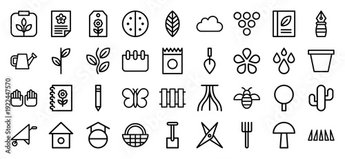 Sustainable gardening and organic farming line icons. Minimalist monoline pictograms for botanical branding, horticulture education, and agricultural technology interfaces.