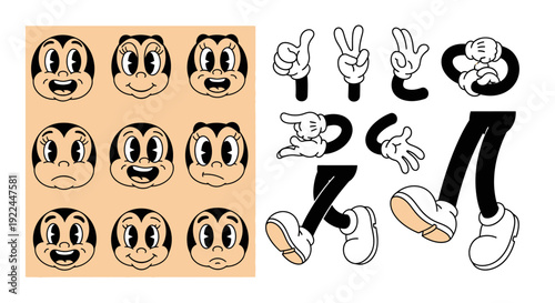 A collection of vintage cartoon character facial expressions and body parts for animation.