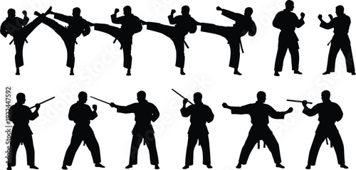 Black Martial Arts Silhouette Vector Set Featuring Karate Fighters Kicking and Using Training Sticks Isolated on White Background for Sports Design