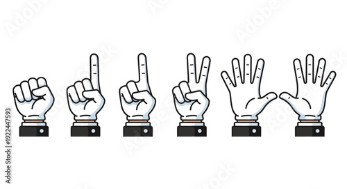 A sequence of hands showing numbers from zero to five using finger gestures.