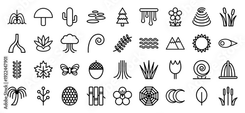 Nature and botanical line icons for ecological branding and sustainable design. Minimalist monoline pictograms featuring flora, landscape, and organic environmental elements.