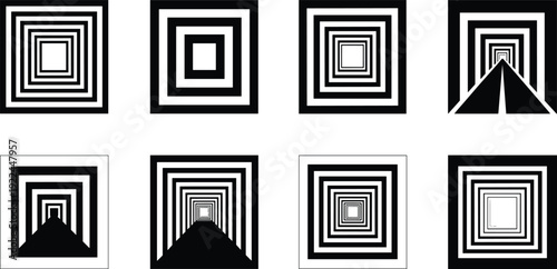 Collection of eight stylized geometric illusion panels, symbolizing perspective, depth, concentric squares, abstract design, and visual perception art