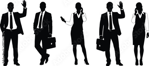 Black Silhouette Set of Business Professional Men and Women with Briefcases and Smartphones in Various Poses Isolated on White Background for Vector