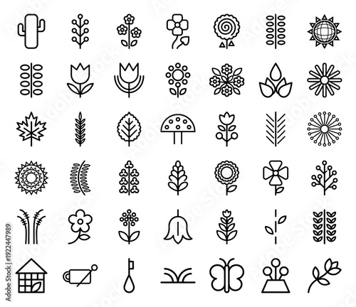 Botanical line art icons for sustainable branding and nature-inspired web design. Minimalist monoline garden elements featuring flowers, leaves, and organic growth symbols.