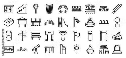 Urban landscape and park infrastructure elements for site planning. Professional monoline pictograms featuring outdoor furniture and architectural park amenities.