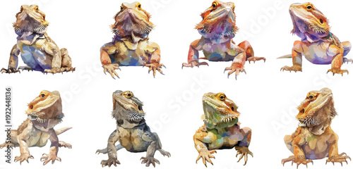 Watercolor Bearded Dragon Lizard Clipart Set, Hand Painted Exotic Reptile Pet Illustrations, Colorful Lizard Poses for Stickers and Wildlife Design Art
