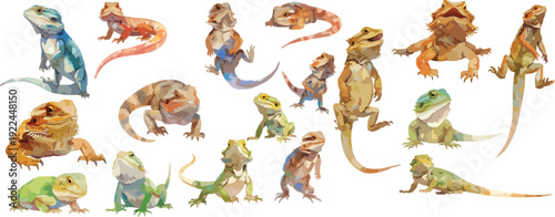 Watercolor Bearded Dragon Lizard Clipart Set, Hand Painted Exotic Reptile Pet Illustrations, Colorful Lizard Poses for Stickers and Wildlife Design Art