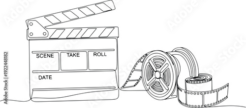 Movie clapperboard and film reel line art. Cinema production and filmmaking concept.