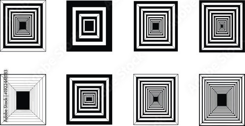 Collection of eight stylized geometric illusion squares, symbolizing perspective, depth, concentric shapes, abstract design, and visual perception art