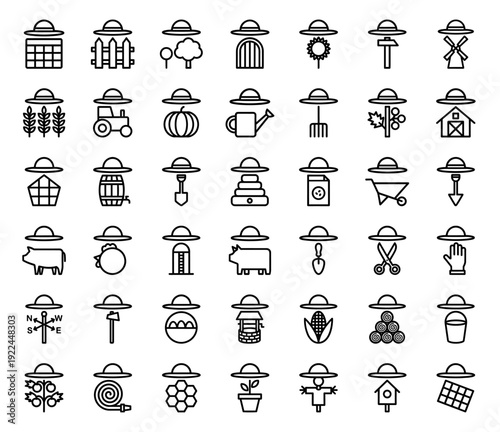 Sustainable agriculture and organic farming monoline icons. Minimalist black line pictograms for rural lifestyle, livestock management, and harvesting tools.