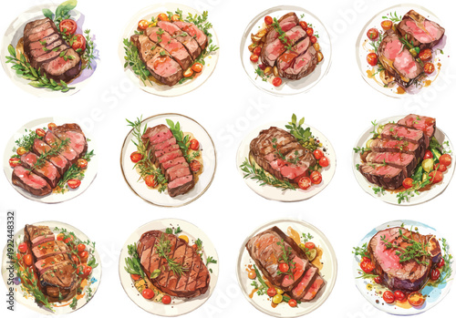 Watercolor Grilled Beef Steak Clipart Set, Hand-painted Gourmet Roasted Meat with Herbs and Cherry Tomatoes, Culinary Food Illustration for Restaurant Menu and Branding Design