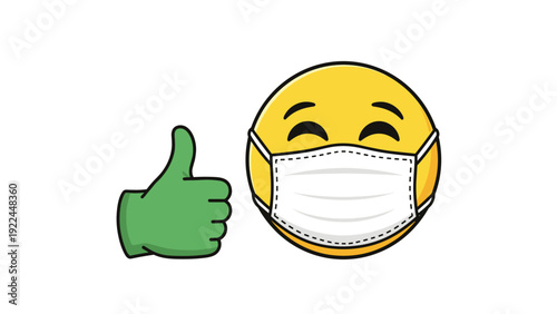 Smiling emoji wearing a white medical face mask gives a thumbs up with a green gloved hand for safety and hygiene awareness.