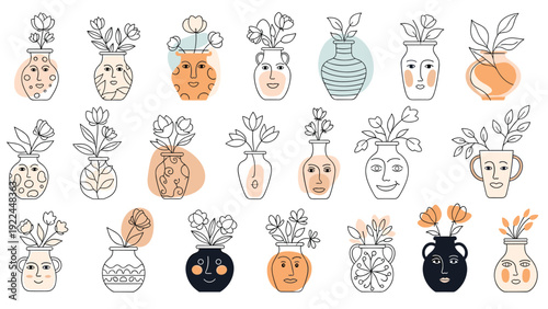 Extensive collection of whimsical flower vases featuring abstract human faces and botanical elements in a modern line art style.