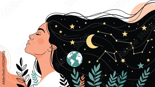 dreamy profile of woman with long dark hair containing the earth crescent moon stars and constellations against a soft background.