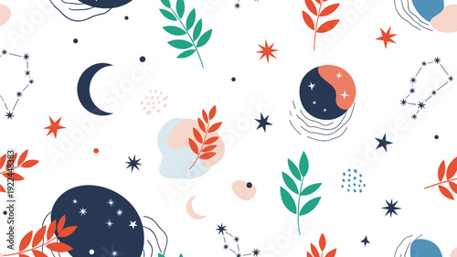 seamless celestial pattern with crescent moons stars zodiac constellations and abstract botanical leaves in a modern bohemian design style.
