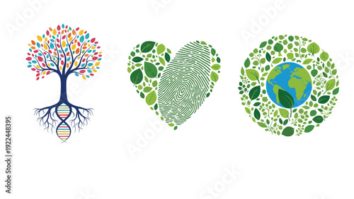 environmental conservation icons including a tree with dna roots a heart made of leaves and a leafy globe representing global ecology.