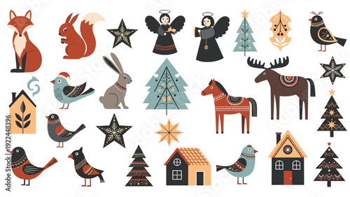 festive folk art collection of winter and christmas elements including angels forest animals decorated trees cozy houses and holiday birds.