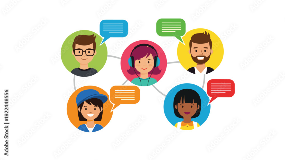 Fototapeta premium Diverse group of people connected through a digital network in colorful circles represent global communication and social media interaction.