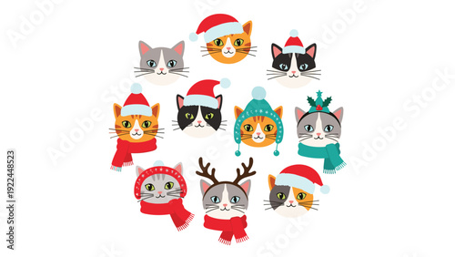 cute collection of cat faces wearing various christmas hats scarves and reindeer antlers in a festive holiday illustration set.