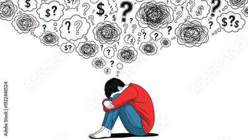 Distressed person sits in a huddled position while surrounded by thought bubbles representing financial stress and mental confusion.