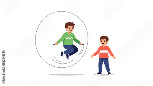 Energetic young boys enjoy outdoor play with one child jumping rope and the other watching happily on a clean white background.