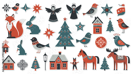 Charming folk art collection of woodland animals birds and winter themed stickers perfect for holiday decorations and festive designs.